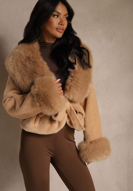 Brązowa Kurtka Pluszowa Ozdobiona Futerkiem i Wiązanym Paskiem w Talii Aravitte