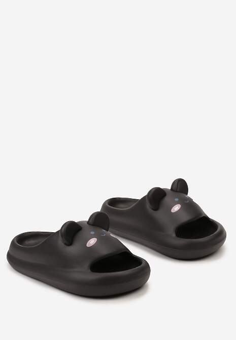 Czarne Klapki z Lekkiej Pianki z Uszkami i Uroczym Zwierzakiem Vidialla
