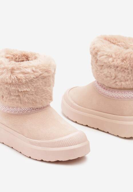 Różowe Śniegowce na Płaskiej Podeszwie Ozdobione Futerkiem i Haftem Lannetea