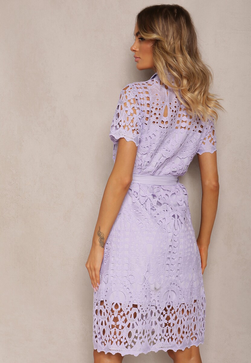 Fioletowa Koszulowa Sukienka Midi z Ażurowym Zdobieniem Tatrasi