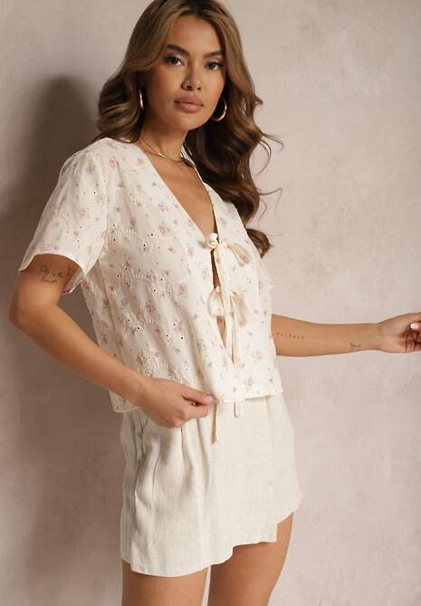 Jasnobeżowa Bluzka w Stylu Narzutki Wiązana na Sznureczki Naralia