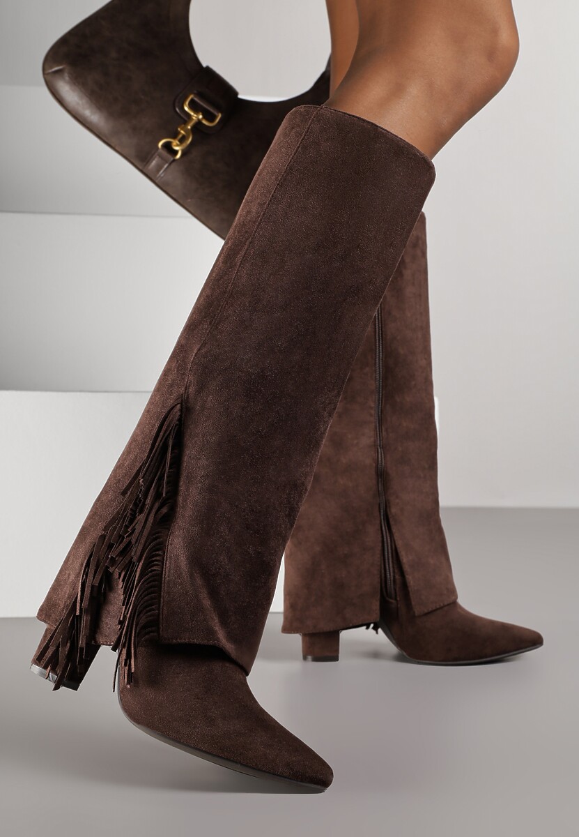 Brązowe Kozaki na Słupkowym Obcasie z Cholewką Imitującą Nogawkę z Frędzlami Linafela