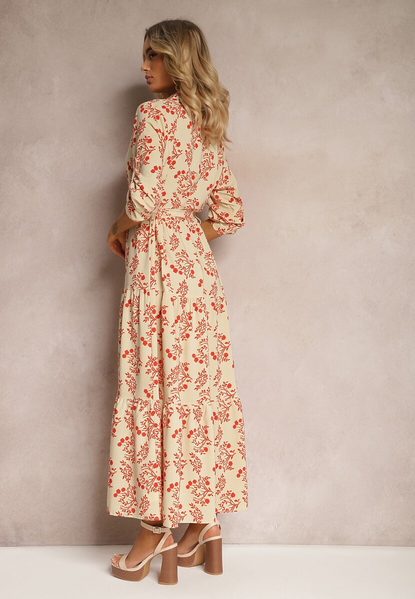 Jasnobeżowa Sukienka Zapinana na Guziki z Materiałowym Paskiem i Podpinanymi Rękawami Biavenna