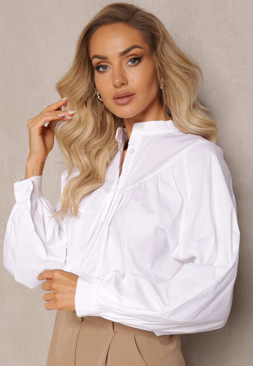 Beżowa Bawełniana Koszula Trapezowa z Ozdobnym Marszczeniem Analize