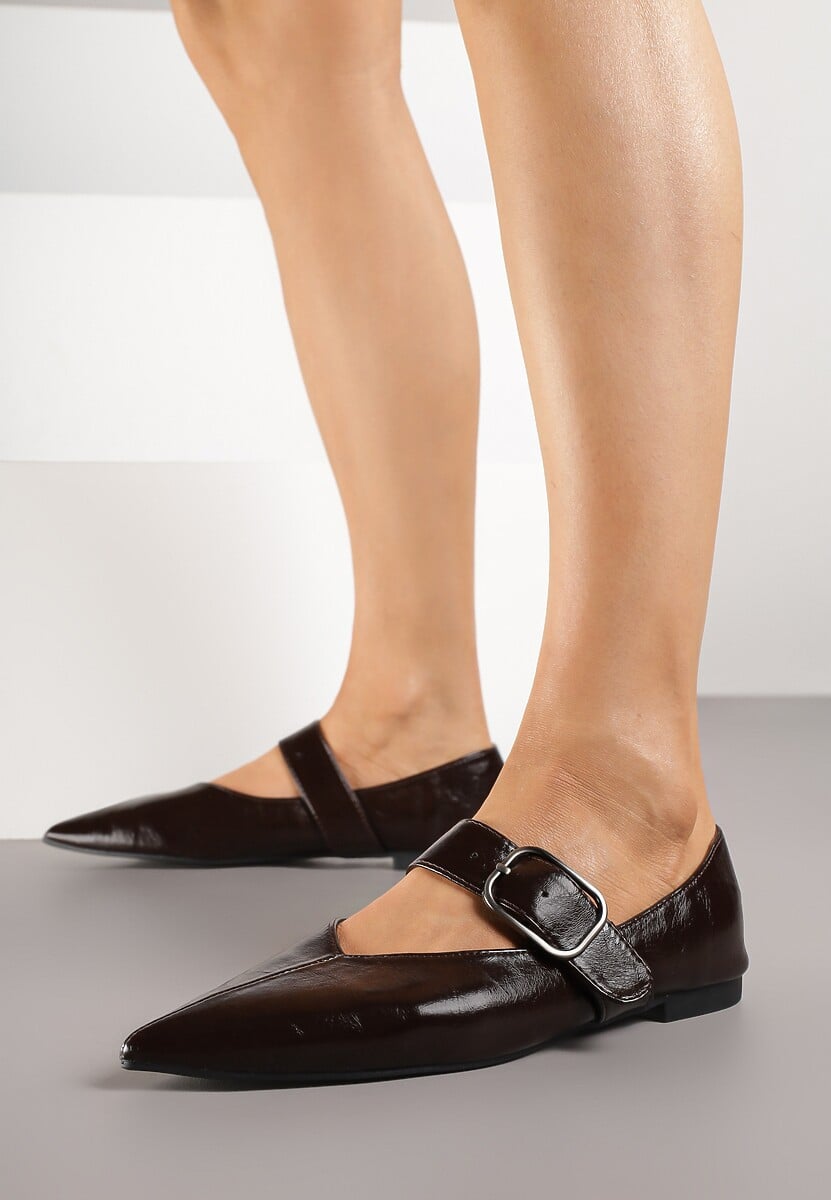 Ciemnobrązowe Balerinki w Stylu Mary Jane ze Szpiczastym Noskiem Nalivira