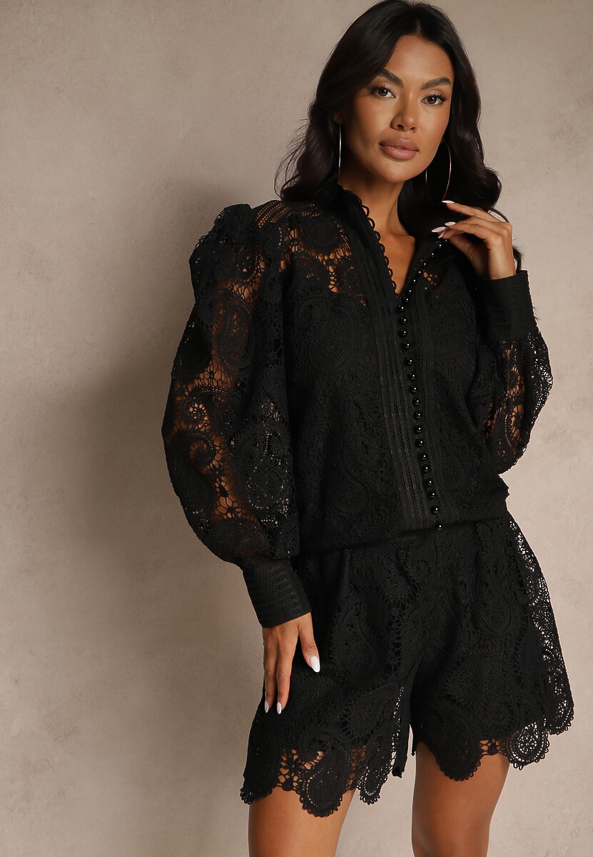 Czarny Ażurowy Komplet z Bawełną Szorty i Koszula Zerolina
