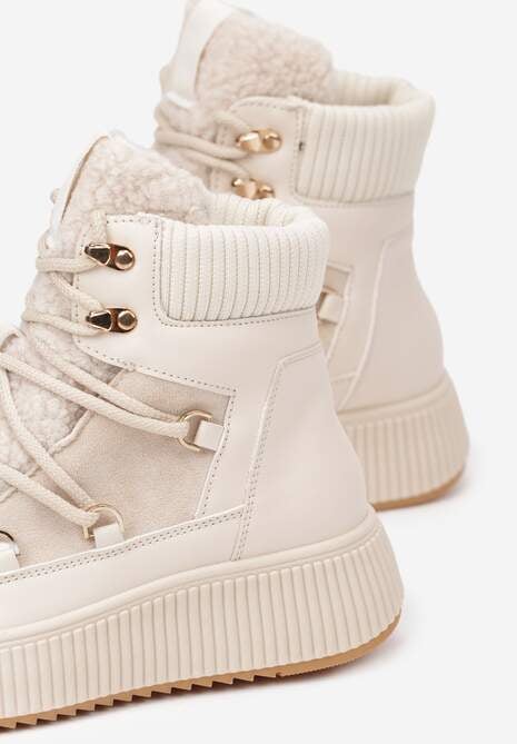 Beżowe Śniegowce Trapery Vices na Płaskiej Podeszwie z Futerkiem w Stylu Baranka ze Sznurowaniem Temirits