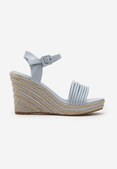 Niebieskie Sandały Zapinane wokół Kostki Ozdobione Plecionką na Koturnie Gwenda