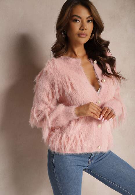 Różowy Casualowy Kardigan Puchaty z Wełną Frędzlami i Guzikami Mavanira