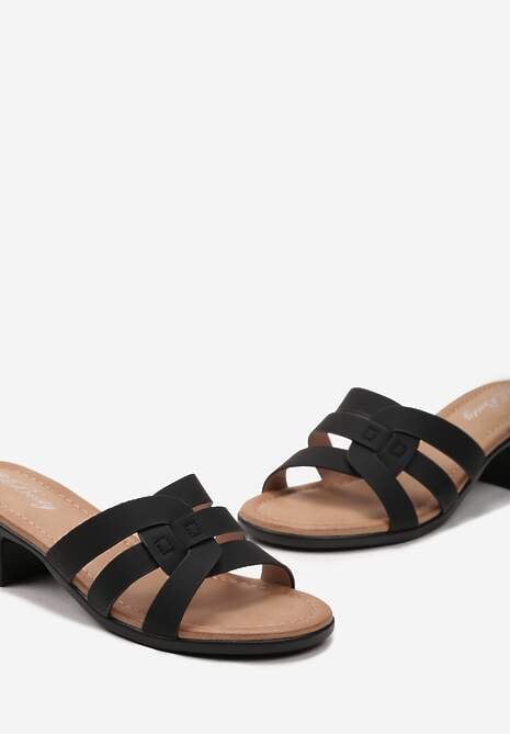 Czarne Klapki na Niewysokim Słupku z Ozdobnymi Paskami Acisarda