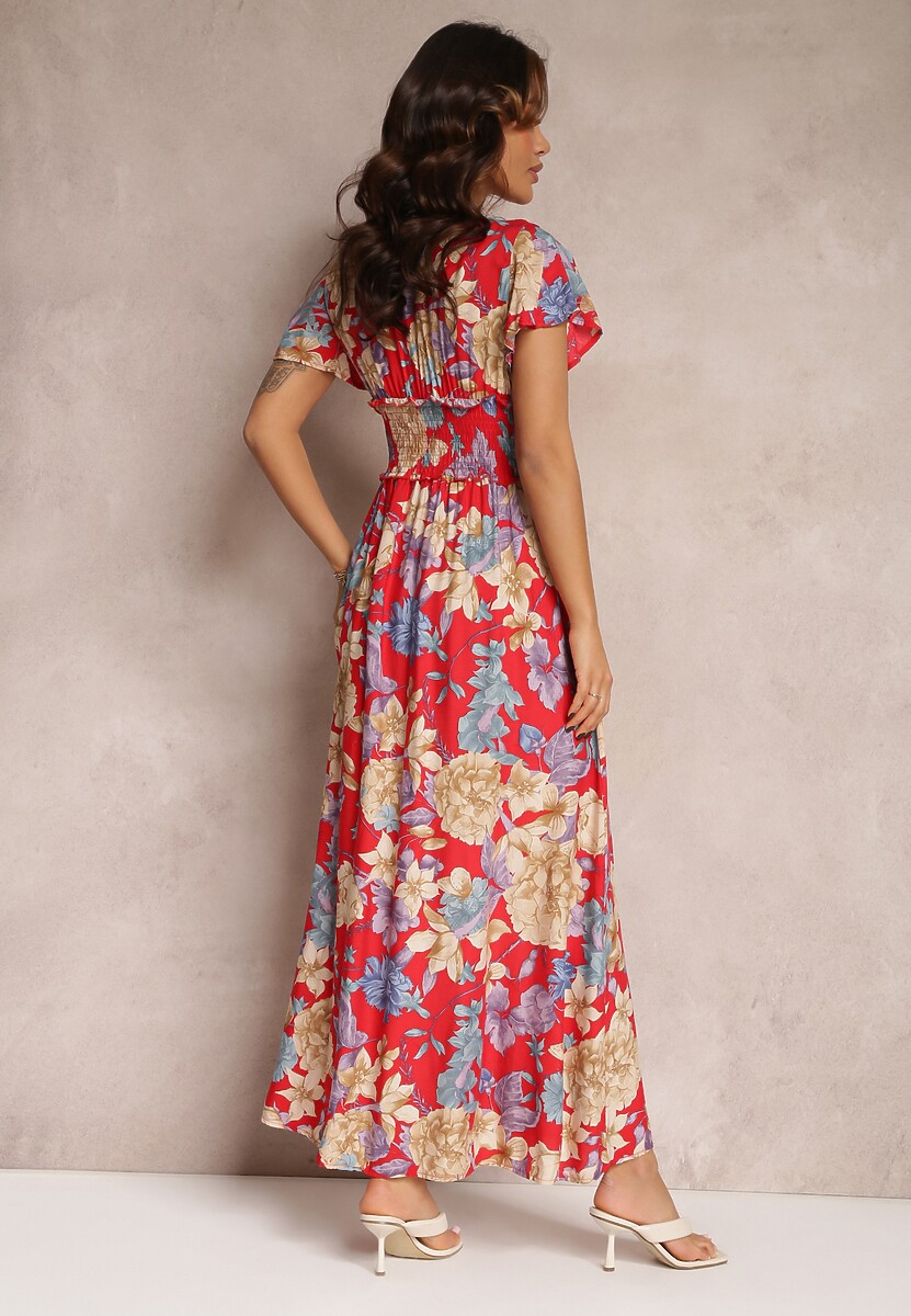 Czerwona Sukienka z Szeroką Gumką w Talii w Kwiaty Shathi