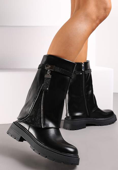 Czarne Botki z Wywiniętą Cholewką i Wstawką w Cyrkonie Romppe