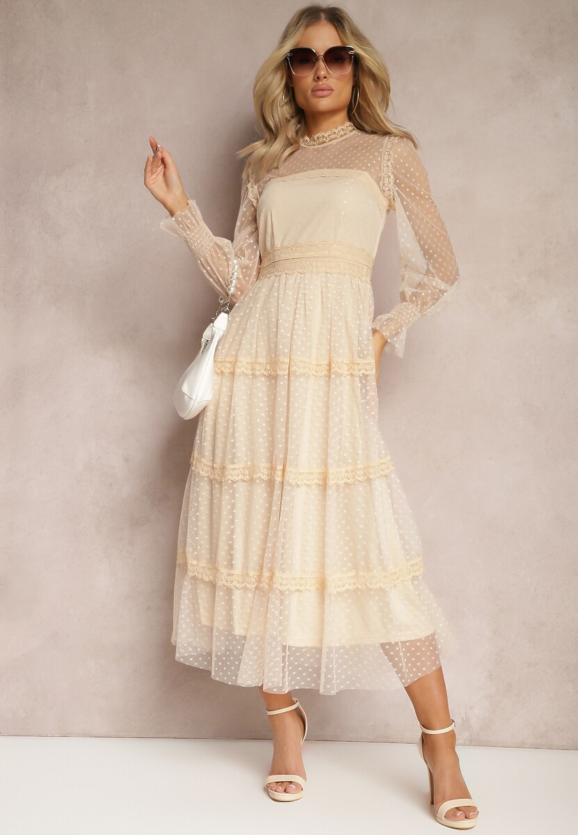 Beżowa Koronkowa Sukienka Rozkloszowana z Falbanką Faberlla