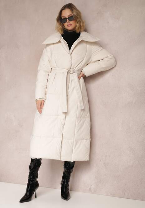 Beżowa Kurtka za Kolano Pikowana Chadi