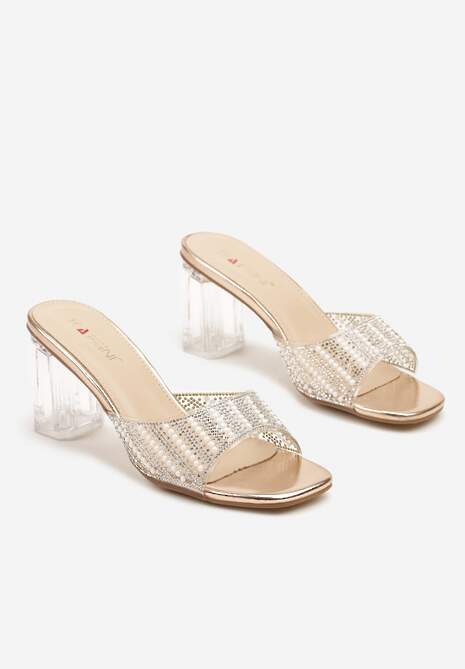 Szampańskie Transparentne Klapki na Słupku Ozdobione Cyrkoniami Sarfia