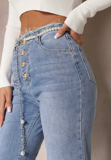 Jasnoniebieskie Jeansy Dzwony z Odpinanym Paskiem z Perłami Dasalind
