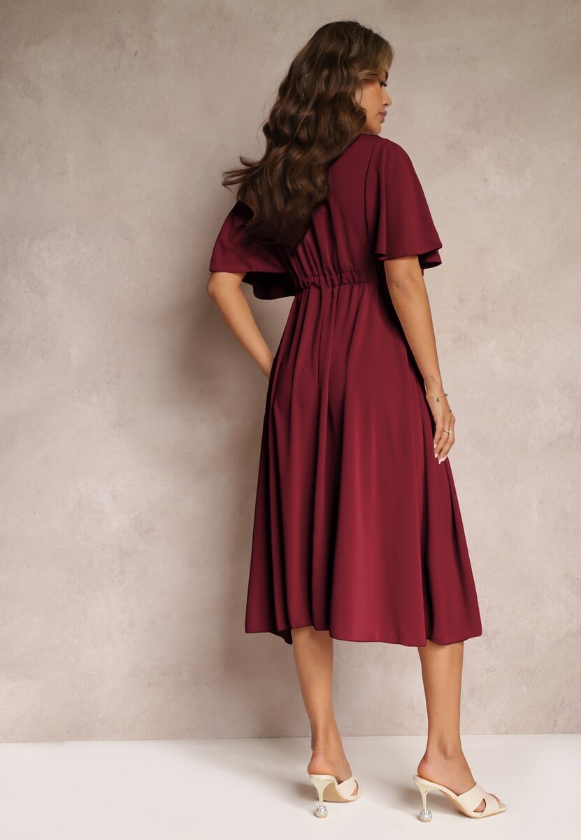 Bordowa Sukienka z Gumką w Talii Krótkim Rękawem i Kopertowym Dekoltem Kelila
