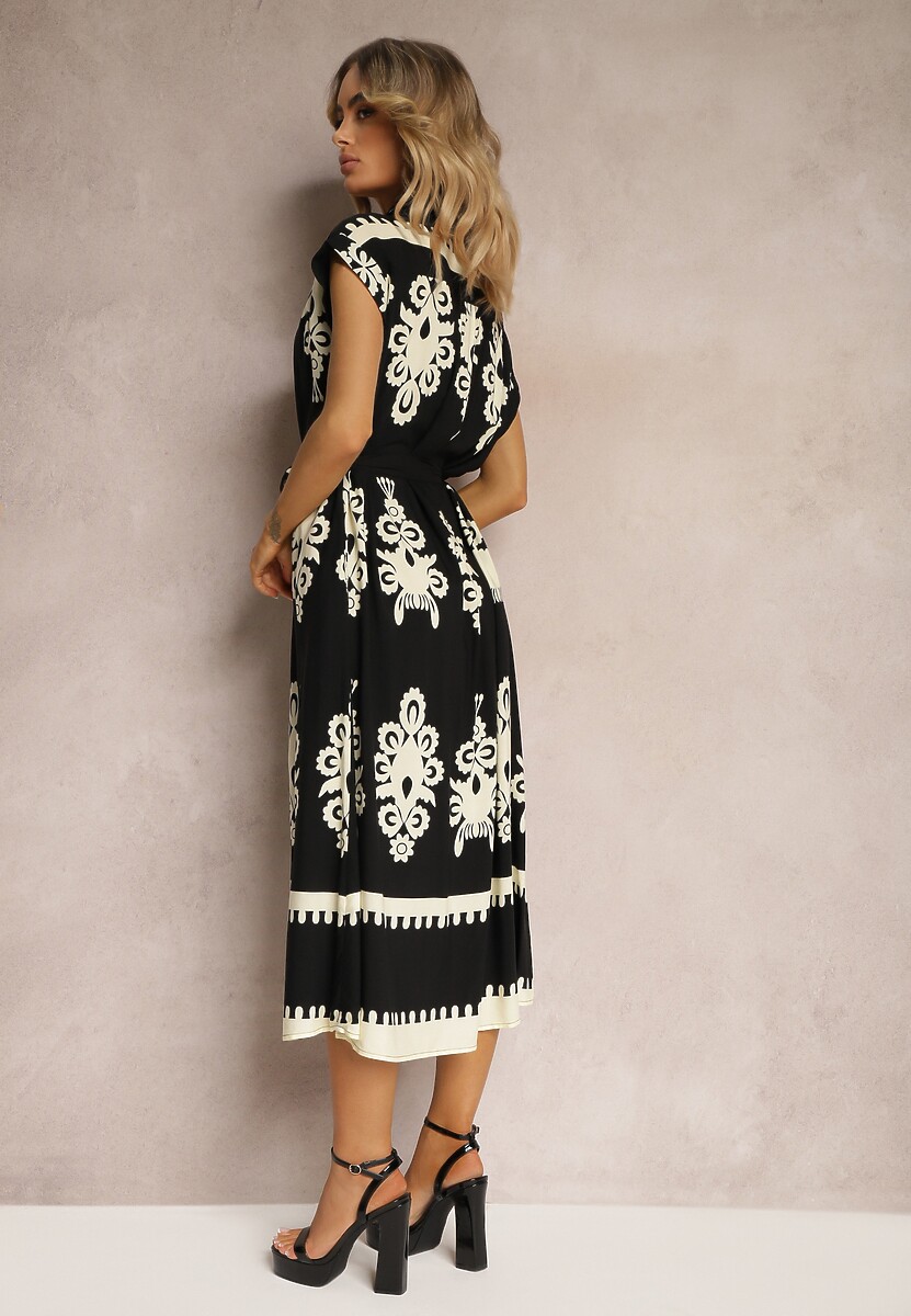 Czarno-Beżowa Boho Sukienka w Rozkloszowanym Stylu z Materiałowym Paskiem i Guzikami Jori