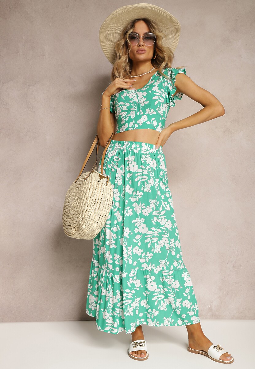 Czerwono-Biały Wiskozowy Komplet w Kwiatki z Bluzką i Rozkloszowaną Spódnicą Pienara