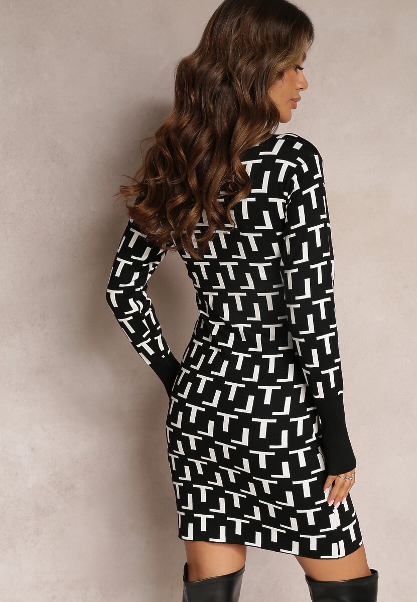 Czarno-Biała Dzianinowa Sukienka w Geometryczny Wzór z Kopertowym Dekoltem Isobell