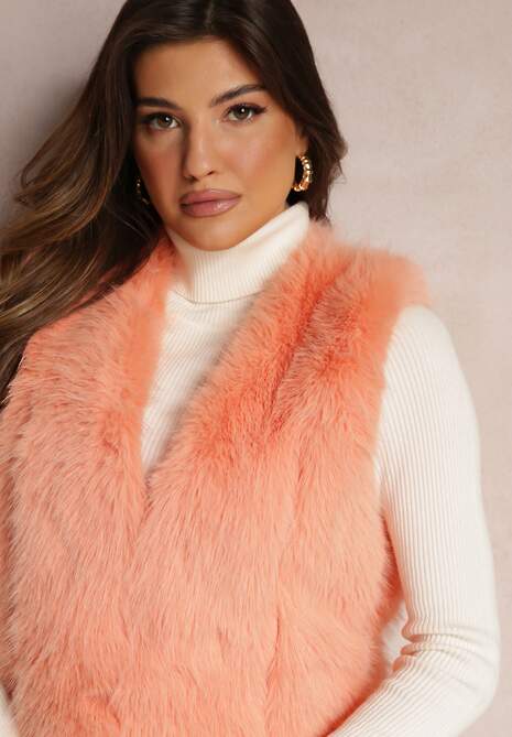 Pomarańczowa Puchata Kamizelka z Futerka Ozdobiona Imitacją Skóry Tekllesa
