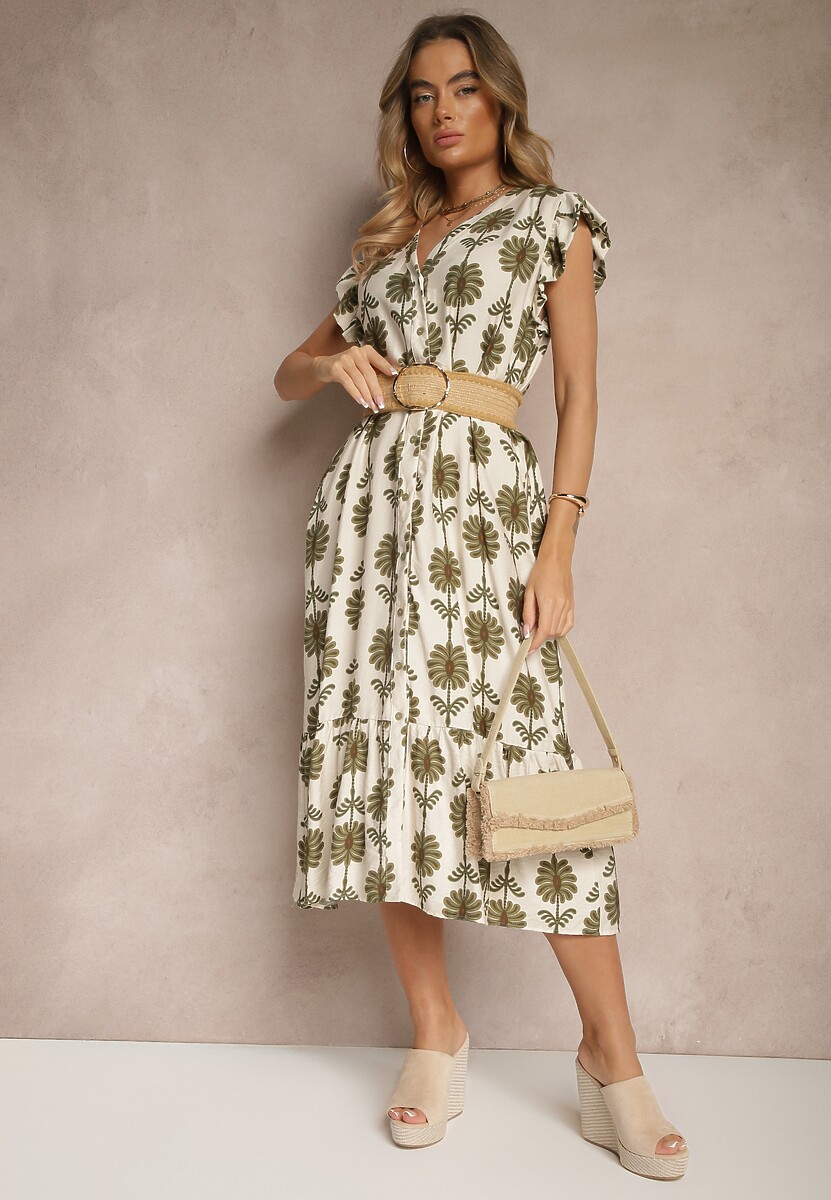 Biało-Zielona Rozkloszowana Sukienka w Kwiaty z Bawełną Efalithea