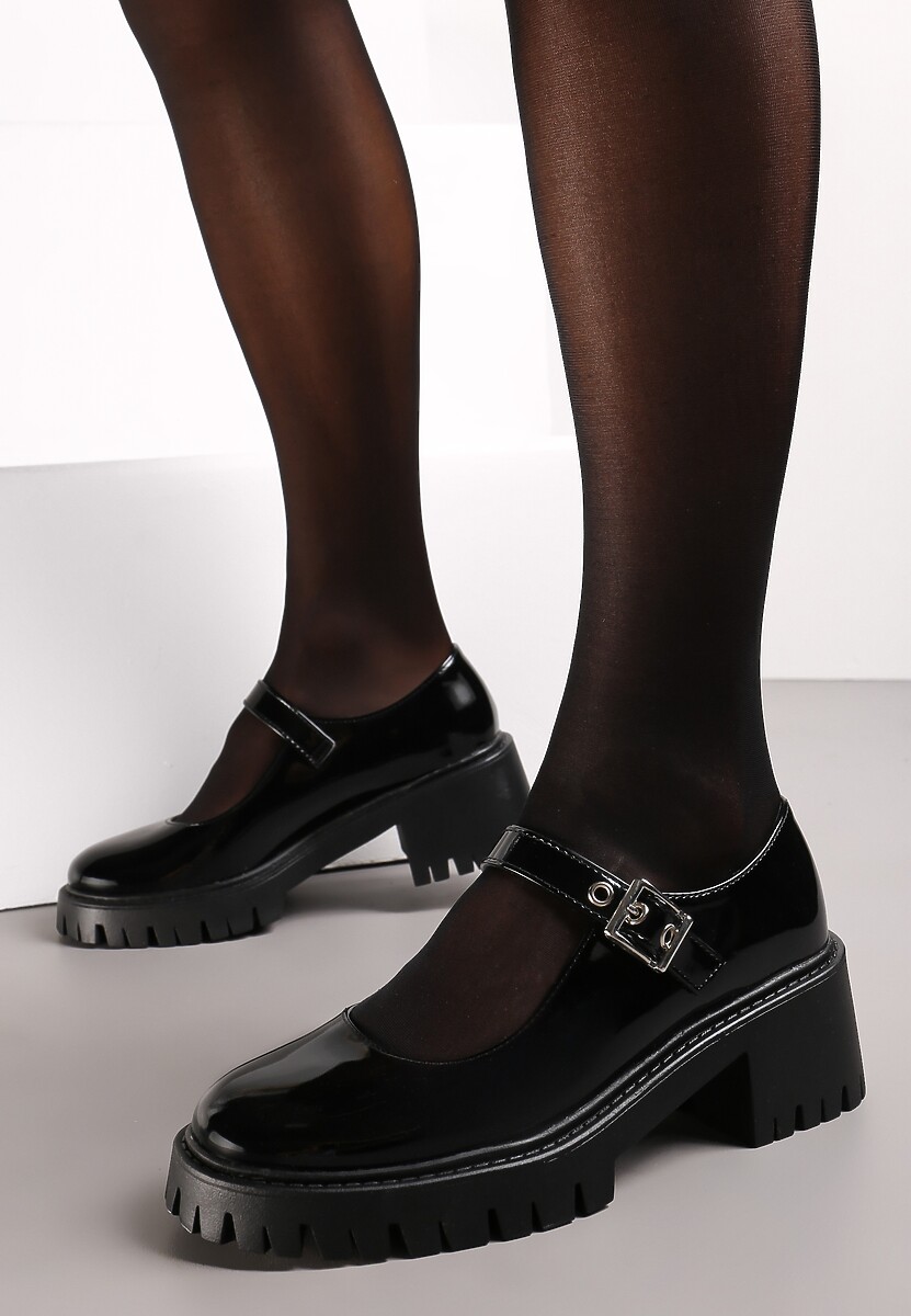 Czarne Lakierowane Półbuty z Paskiem na Niskim Słupku Hubertia