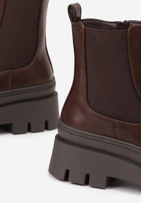 Brązowe Casualowe Botki Typu Sztyblety na Tłoczonej Platformie Riadira
