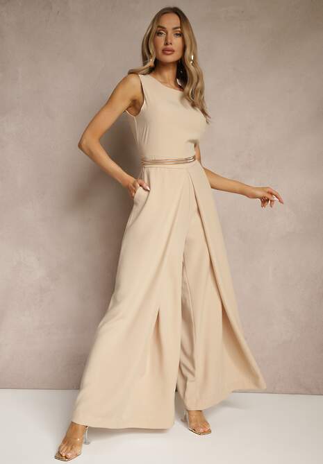 Beżowy Kombinezon Bez Rękawów z Nogawkami Wide Leg Noreldi