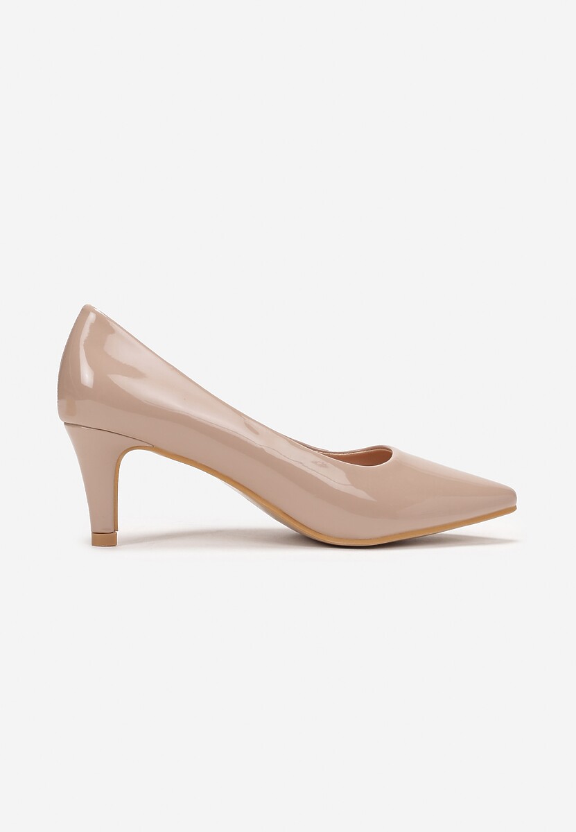 Beżowe Szpilki z Lakierowanej Imitacji Skóry na Niskim Obcasie Mondia