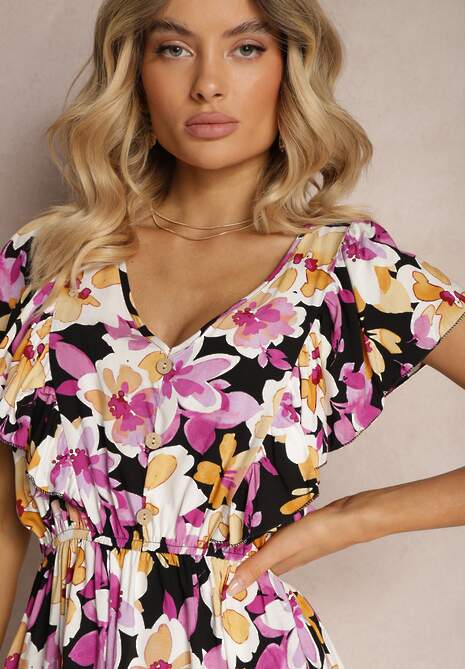 Czarno-Różowa Taliowana Bawełniana Sukienka w Kwiaty z Falbanami przy Ramionach z Gumką w Talii Nelova