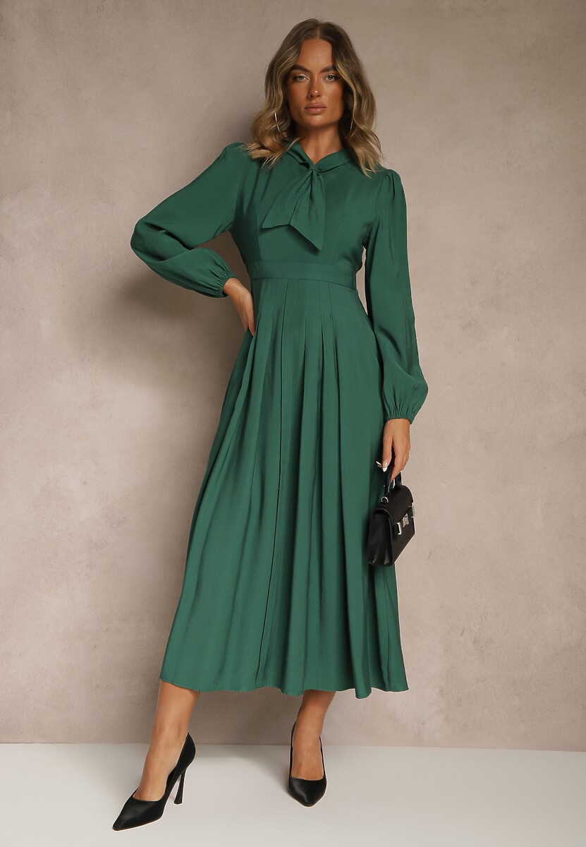 Zielona Sukienka Plisowana z Wiskozy Ozdobiona Wiązaniem Farrive