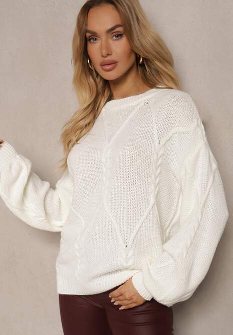 Biały Sweter z Ozdobnym Tłoczeniem i Ściągaczami Temariel