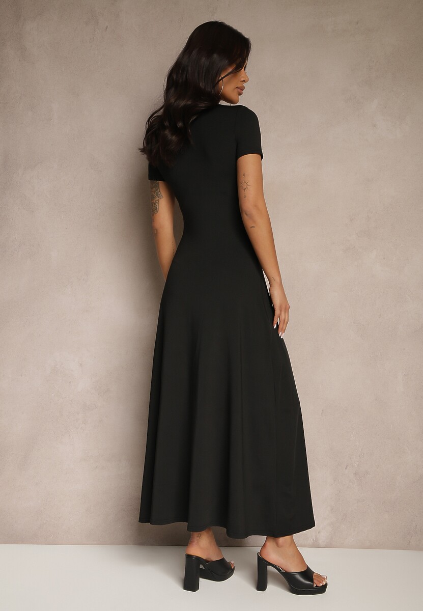 Czarna Taliowana Sukienka z Krótkim Rękawem Liranisea