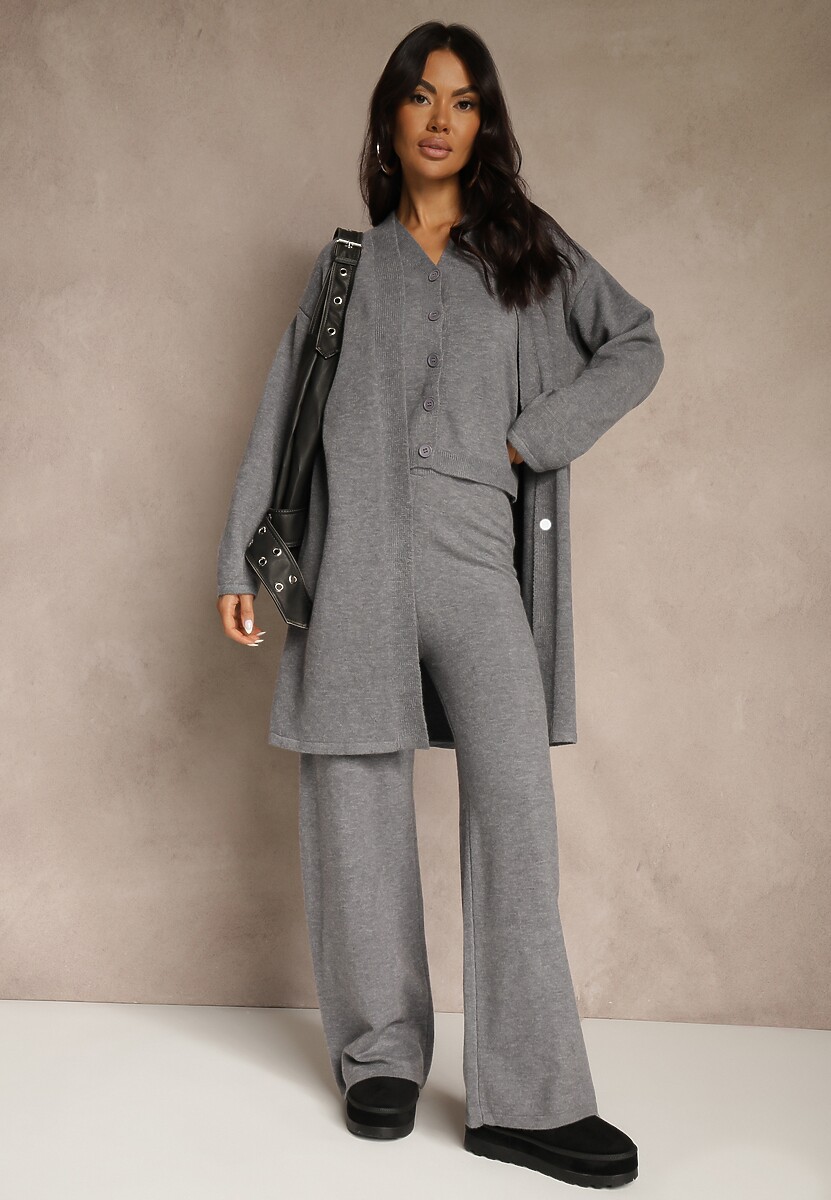 Szary Komplet z Dzianiny z Wełną Długi Kardigan Kamizelka i Spodnie Netivia