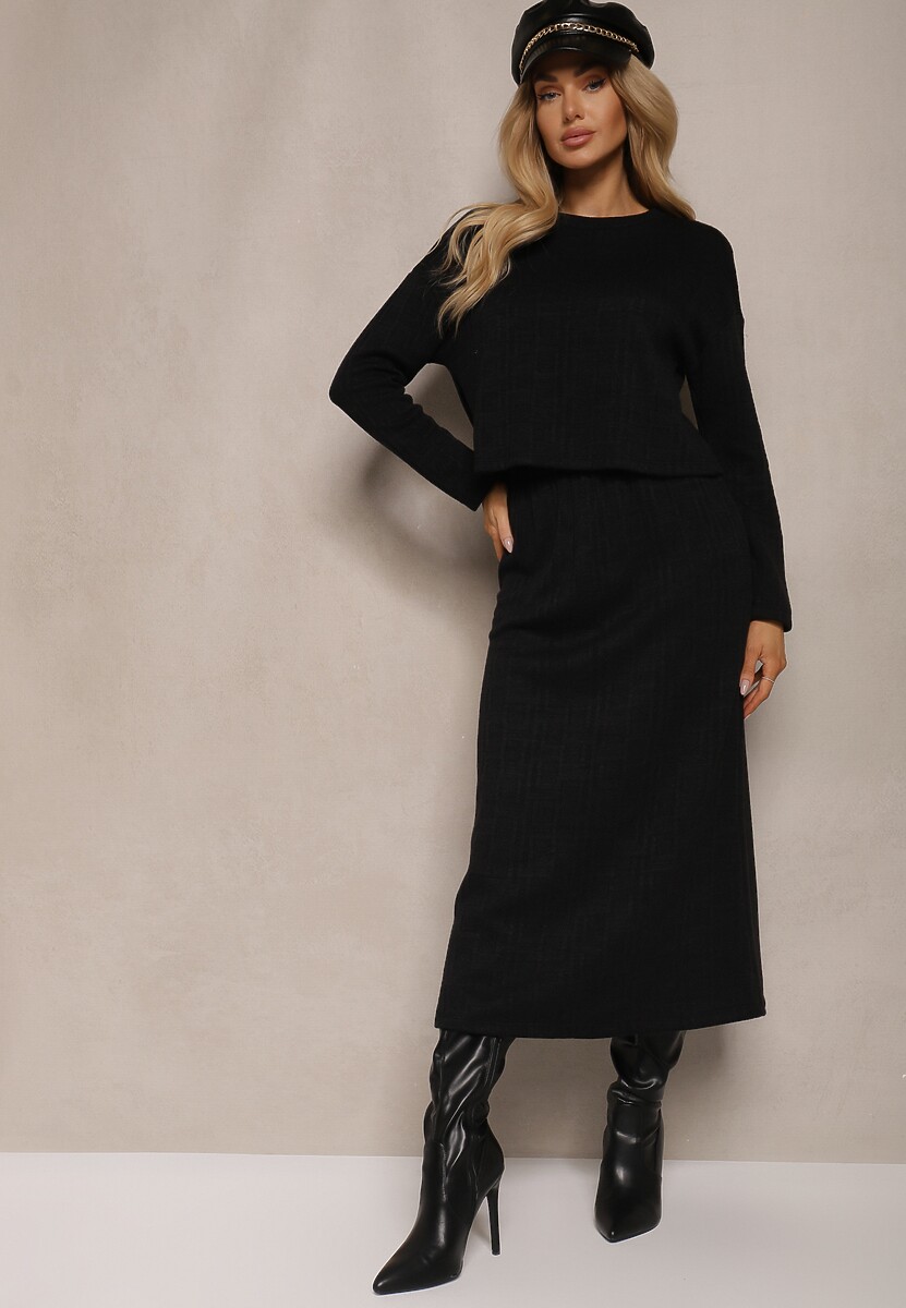 Czarny Dzianinowy Komplet z Wiskozą Bluzka i Spódnica Ozdobiona Rozcięciem Ilirina