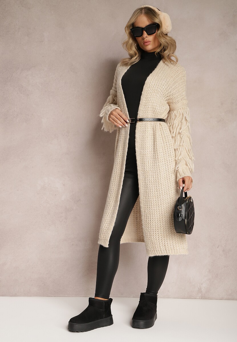 Jasnobeżowy Długi Kardigan Dzianinowy z Ozdobnymi Frędzlami i Paskiem Mesfin