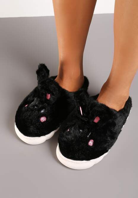 Czarne Futrzane Kapcie Vices na Platformie z Tłoczeniem w Stylu Królika Adarevia