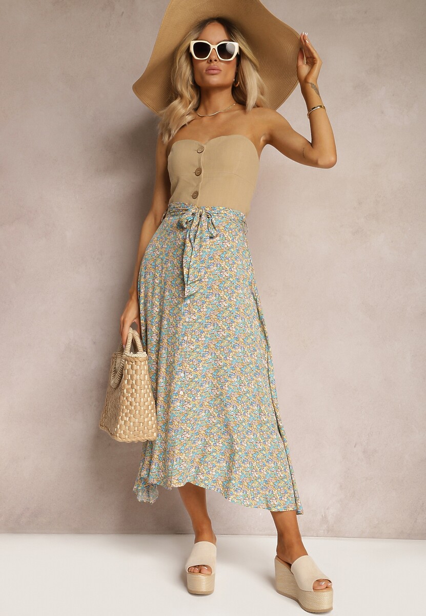 Różowo-Niebieska Rozkloszowana Spódnica Zapinana na Guziki z Elastyczną Gumką w Talii Wana