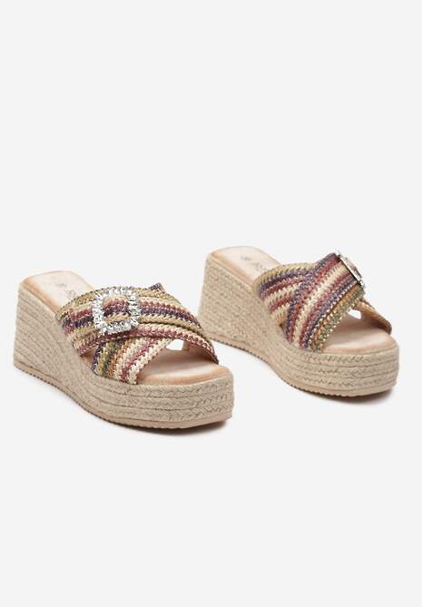 Ciemnobeżowe Klapki na Koturnie i Platformie z Jutowym Sznurkiem z Klamrą z Cyrkonii Quililena