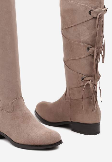 Ciemnobeżowe Ekozamszowe Kozaki z Cholewką Ozdobioną Frędzlami Realenna