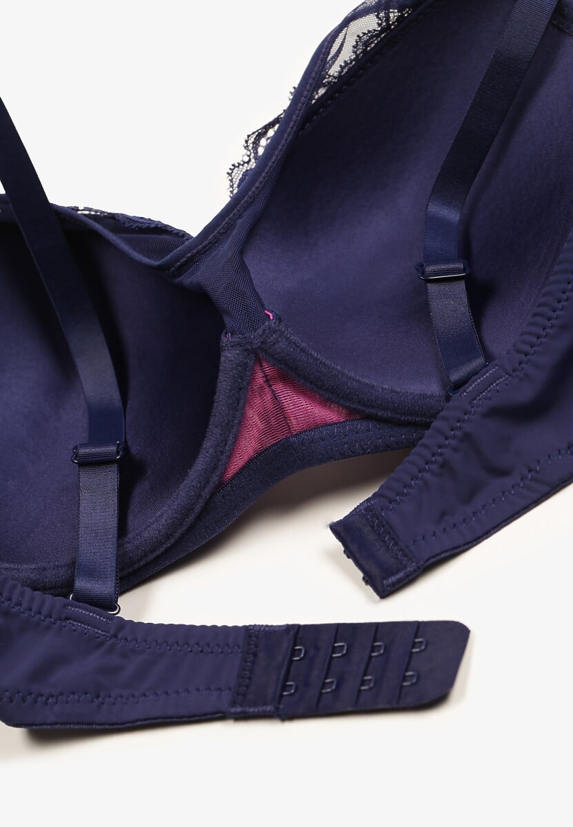 Granatowo-Fuksjowy Biustonosz Push-Up z Koronki Ozdobiony Metalową Aplikacją Arissta