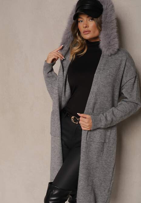 Szary Kardigan z Wełną Wiązany w Pasie z Kapturem z Odpinanym Futerkiem Besiyana