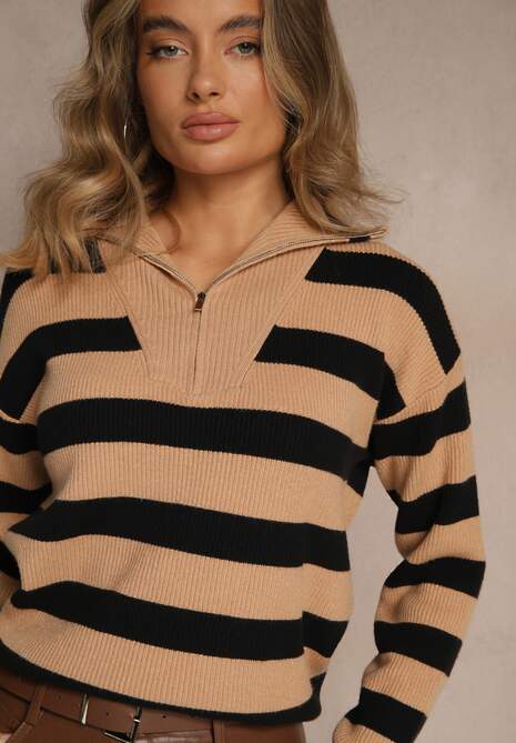 Beżowo-Czarny Sweter w Paski z Suwakiem przy Dekolcie Ralanae