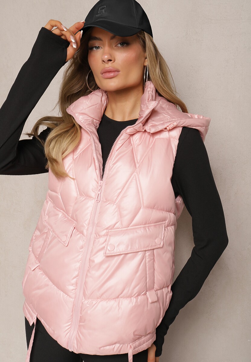 Beżowa Pikowana Kamizelka z Troczkami i Odpinanym Kapturem Arrelarra