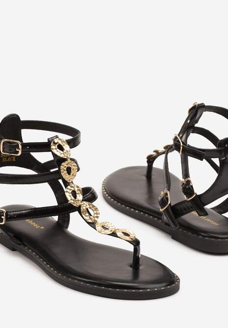 Czarne Sandały Rzymianki Ozdobione Metalicznymi Aplikacjami Ciarivra