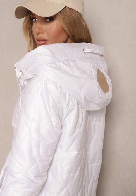 Biała Pudełkowa Kurtka z Pikowanymi Przeszyciami i Kapturem Telaniela