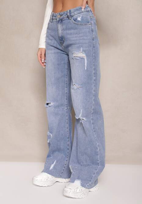 Jasnoniebieskie Jeansy High Waist o Szerokim Kroju z Dziurami i Przetarciami Nalarieth