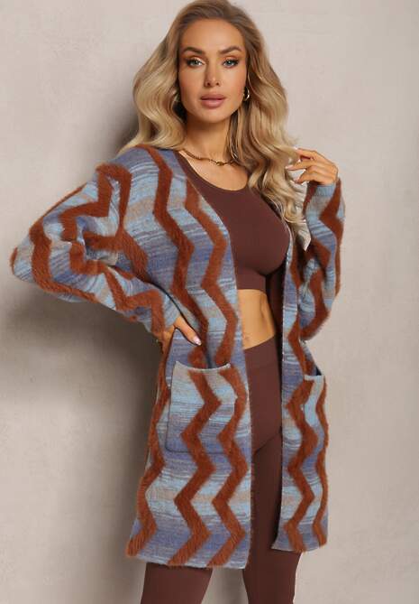 Niebiesko-Brązowy Luźny Kardigan Niezapinany w Geometryczny Print Sheshy