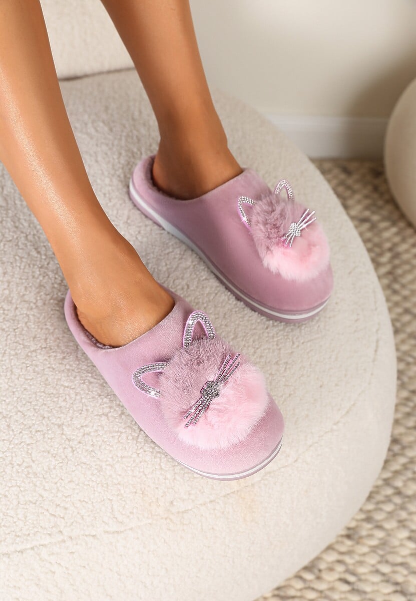 Różowe Kapcie Futrzane z Kotkiem Leze